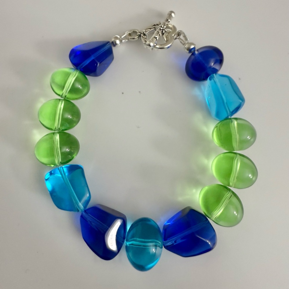 Chunky Boho Glass Nuggets Bracelet In Blue Topaz, Cobolt Blue & Algae Green